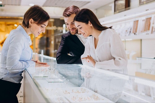 A couple shops for an engagement together