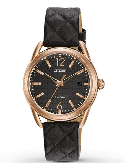 A ladies Citizen watch with a black quilted strap, black dial and rose-toned stainless steel accents