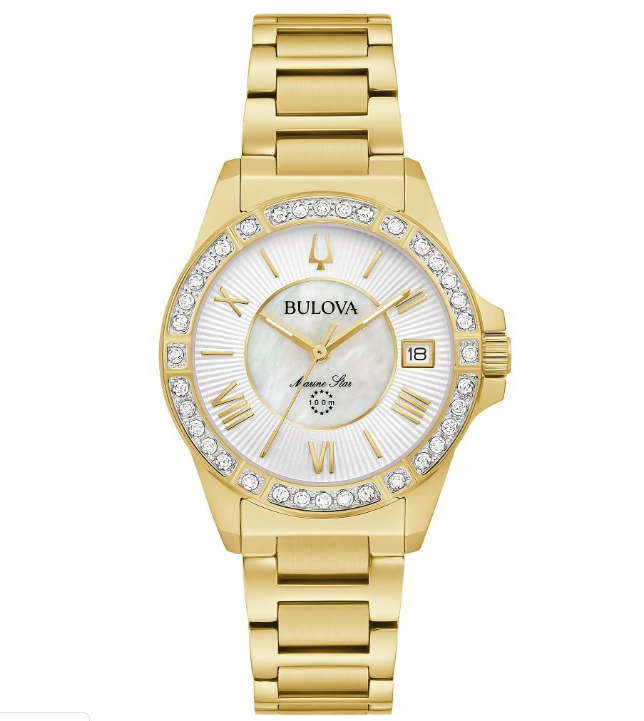 A ladies Bulova watch with gold toned case and bracelet, mother of pearl face and diamonds around the dial