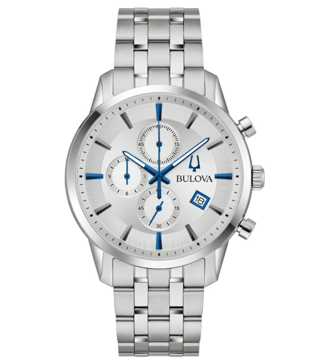 A men's Bulova watch with silver toned stainless steel case and bracelet, silver dial and blue hands