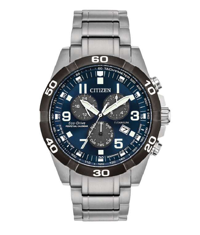 A men's Citizen watch with blue dial, white display numbers and silver toned stainless steel case and band