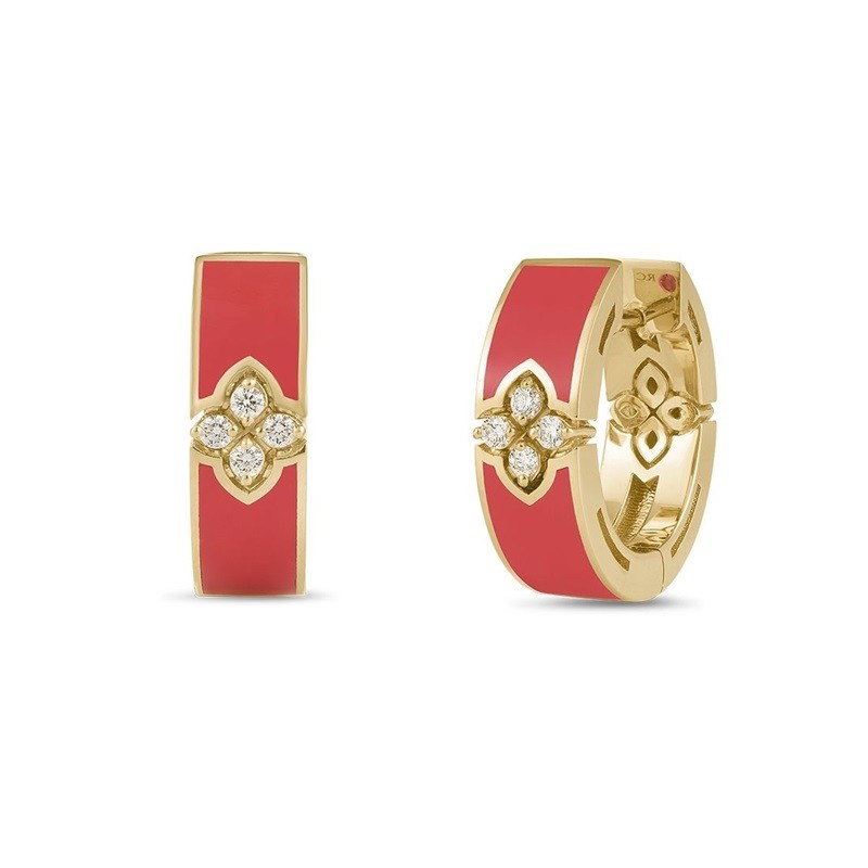 Roberto Coin 18K Love in Verona Diamond and Coral Enamel Hoop Earrings