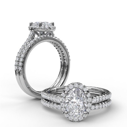 Fana Delicate Oval Shaped Halo and Pavé Band Engagement Ring