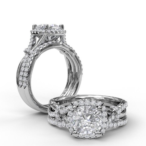 Fana Cushion Halo Engagement Ring with an Interwoven Band