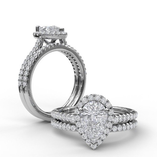 Fana Delicate Pear Shaped Halo and Pavé Band Engagement Ring