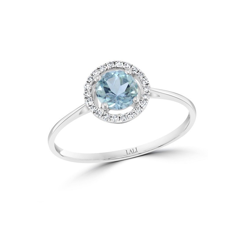 14W Round Aquamarine Ring with Halo