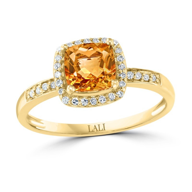 Cushion Citrine Ring with Halo in 14K Yellow Gold