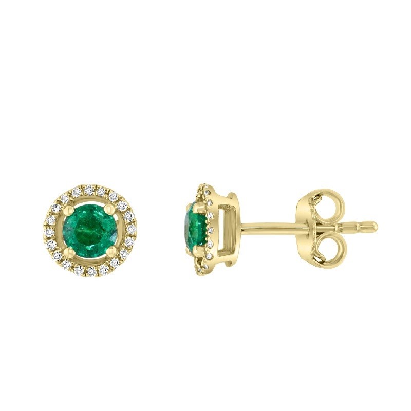 14Y Round Emerald Studs with Diamond Halo