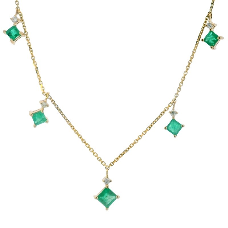 Dangling Emerald and Diamond Necklace in 14K Yellow Gold