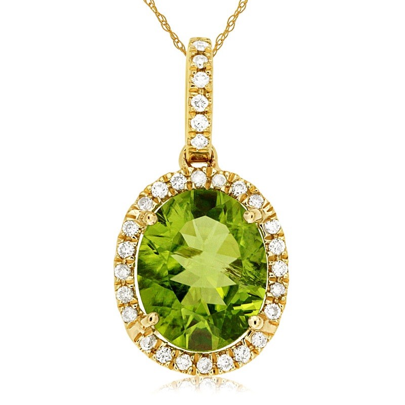 Oval Peridot Pendant with Halo in 14K Yellow Gold