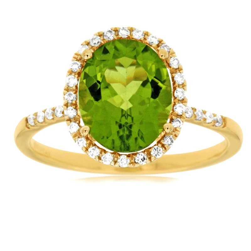Oval Peridot Ring with Diamond Halo in 14K Yellow Gold
