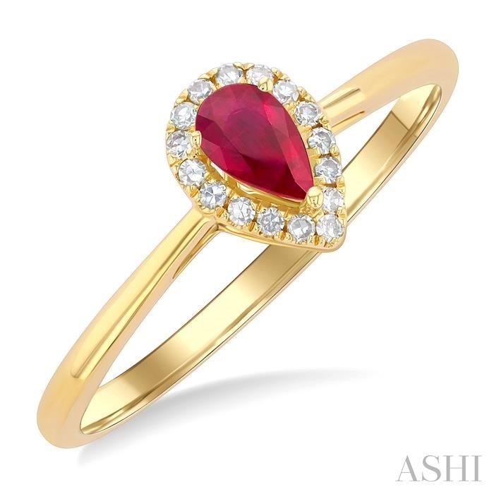 Ashi Pear Shape Ruby and Diamond Halo Ring