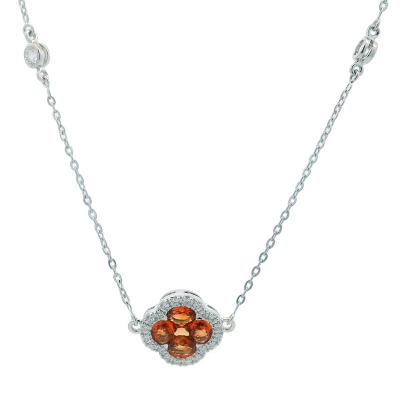 Orange Sapphire Clover Necklace with Diamonds