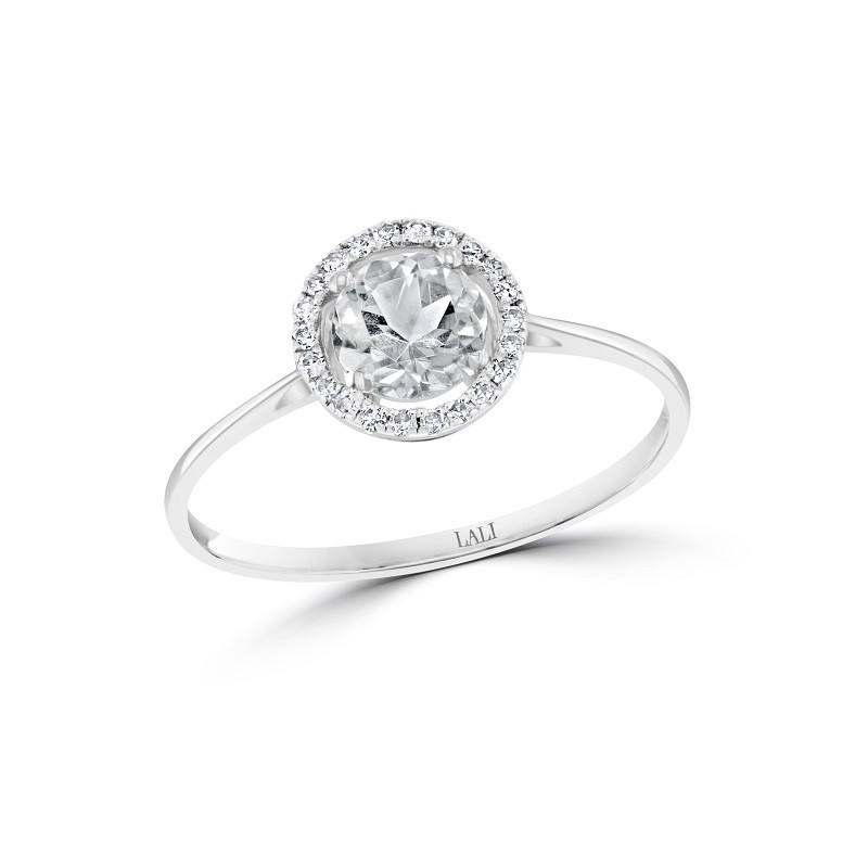 14W Round White Topaz Ring with Halo