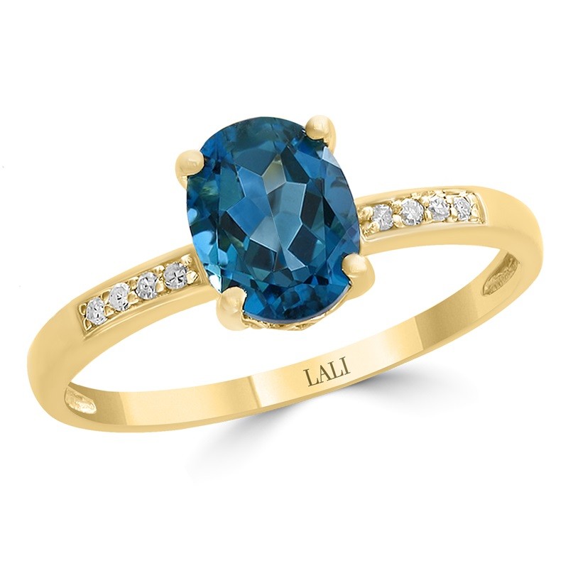 London Blue Topaz Ring with Diamonds in 14K Yellow Gold