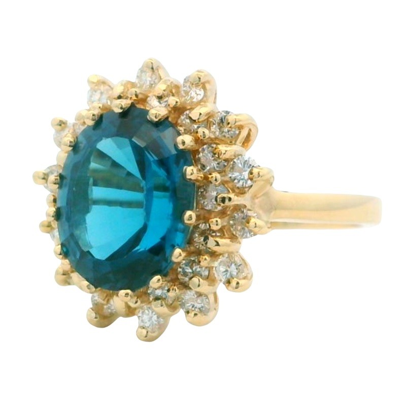London Blue Topaz Ring with Diamond Halo in 14K Yellow Gold
