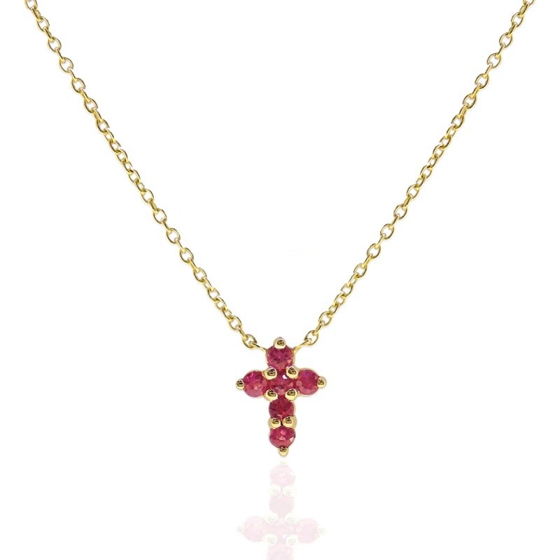 14Y Small Ruby Cross Necklace