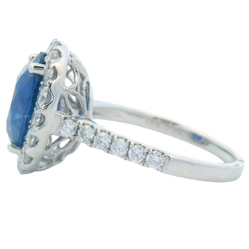 Oval Blue Sapphire Ring with Diamonds in 18K White Gold