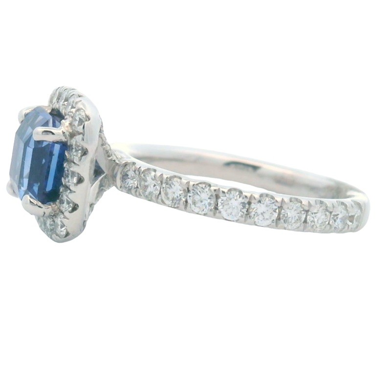 Blue Sapphire and Diamond Halo Ring in 18K White Gold