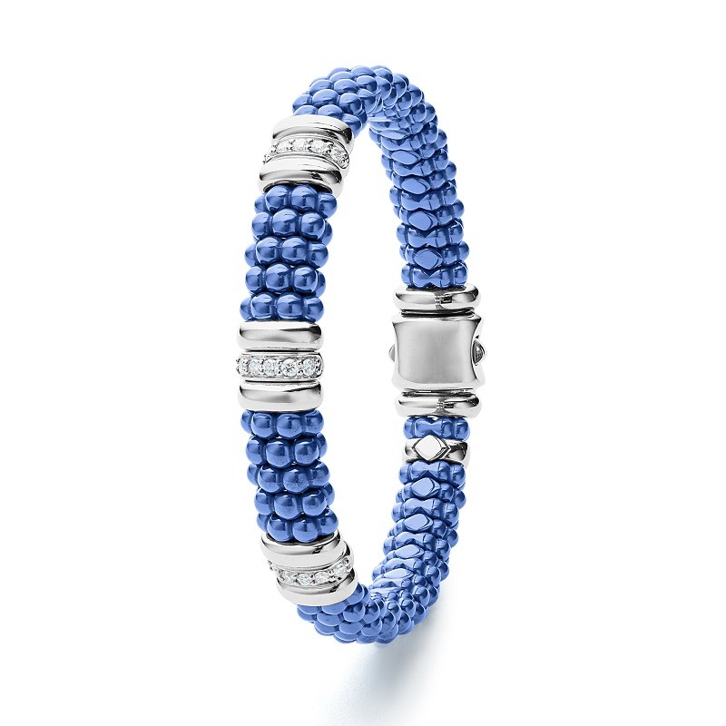 Lagos 9mm Blue Caviar Three Station Ceramic Diamond Bracelet