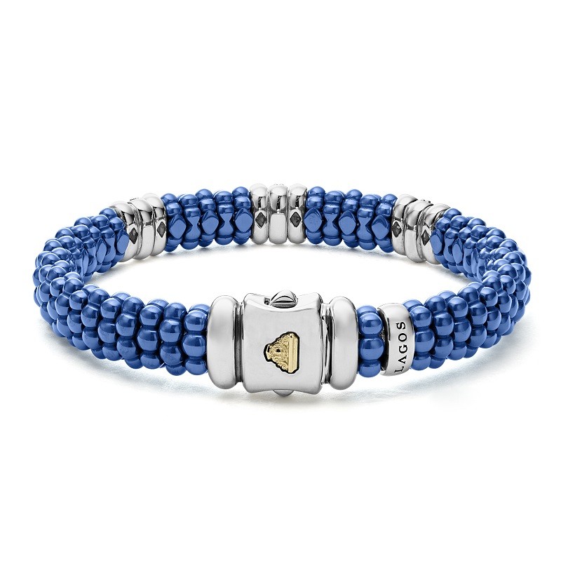 Lagos 9mm Blue Caviar Three Station Ceramic Diamond Bracelet