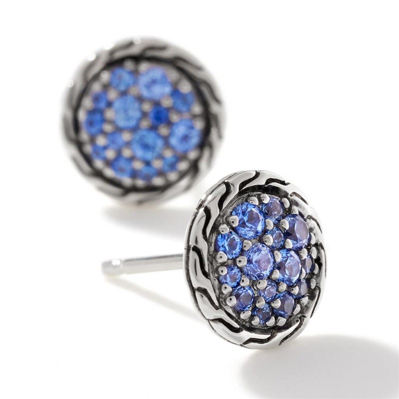 John Hardy Carved Chain Stud Earrings with Blue Sapphire