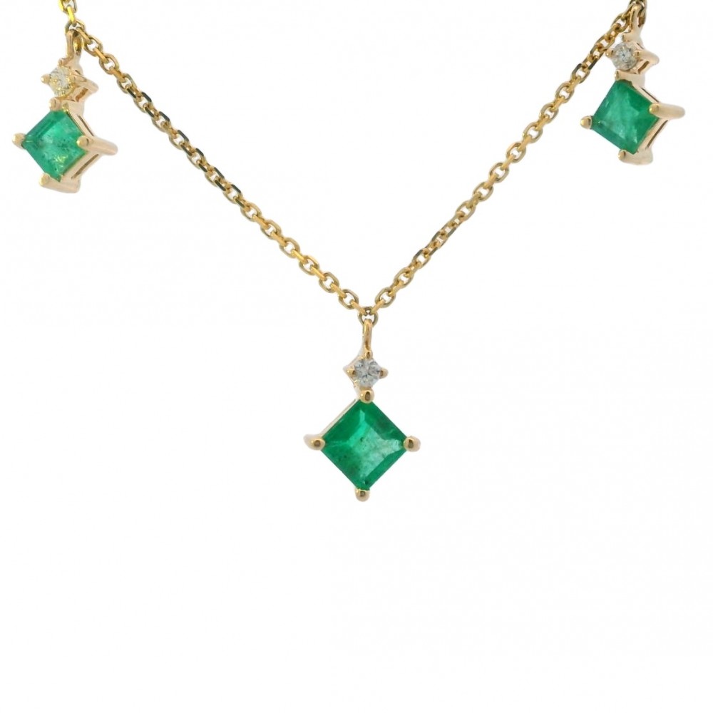 Dangling Emerald and Diamond Necklace in 14K Yellow Gold