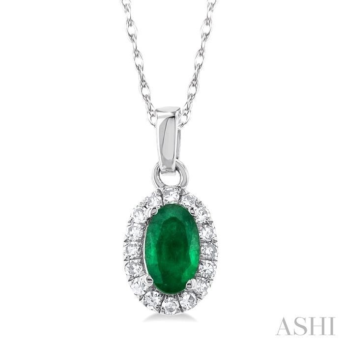 Ashi Oval Emerald and Diamond Halo Pendant