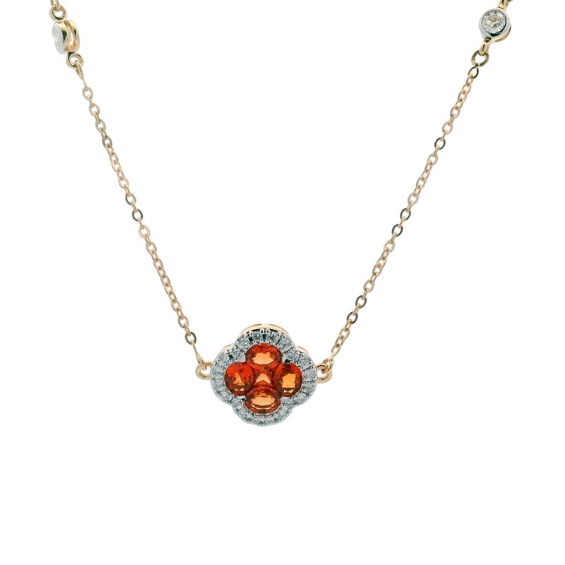 Orange Sapphire Clover Necklace with Diamonds