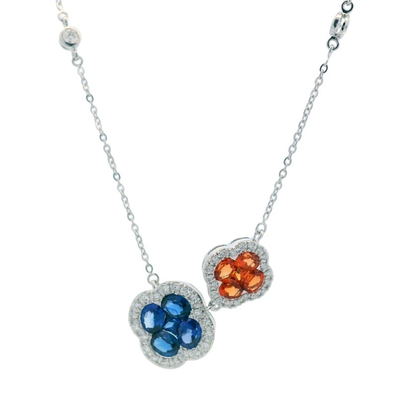Orange and Blue Sapphire Clover Necklace with Diamonds