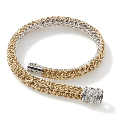 John Hardy 6.5mm Icon Reversible Silver and Gold Bracelet with Diamonds