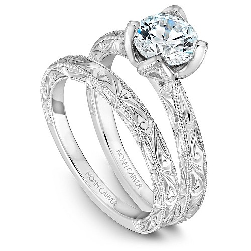 Floral Engraved Engagement Ring with Milgrain