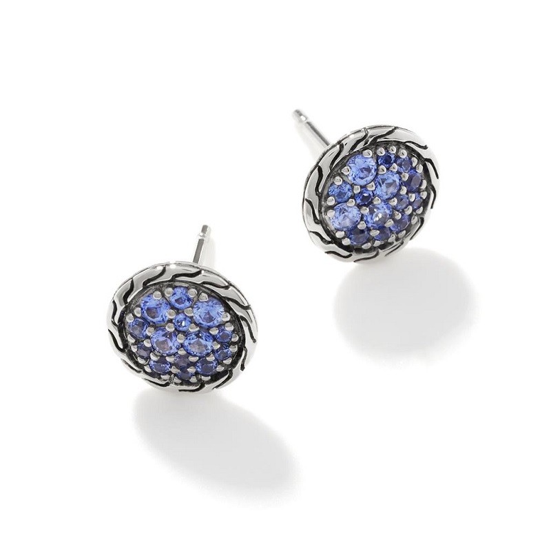 John Hardy Carved Chain Stud Earrings with Blue Sapphire