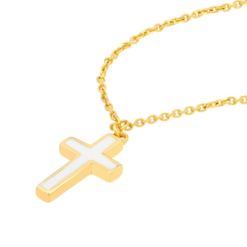White Enamel Cross Necklace in 14K Yellow Gold