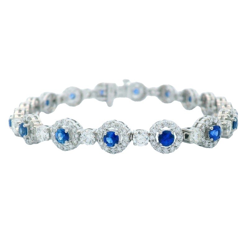Blue Sapphire and Diamond Halo Bracelet in 18K White Gold