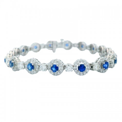 Blue Sapphire and Diamond Halo Bracelet in 18K White Gold