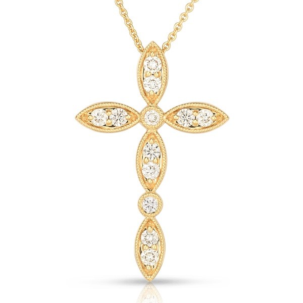 Stylized Diamond Cross Necklace in 14K Yellow Gold