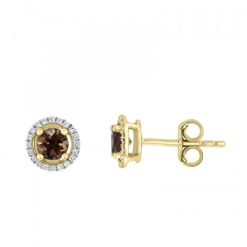 14Y Round Smoky Quartz Studs with Halo