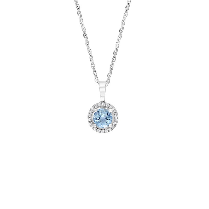 14W Round Aquamarine Pendant with Halo