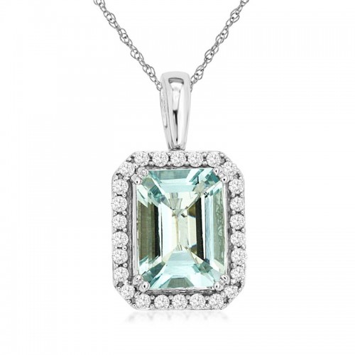 Emerald-cut Aquamarine Pendant with Halo