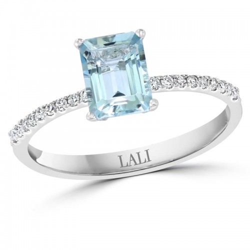 Aquamarine and Diamond Ring in  14K White Gold