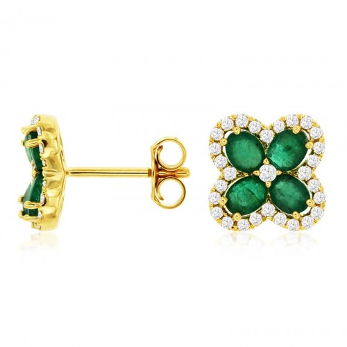 Emerald and Diamond Clover Studs in 14K Yellow Gold