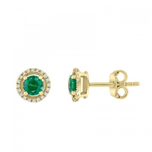 14Y Round Emerald Studs with Diamond Halo