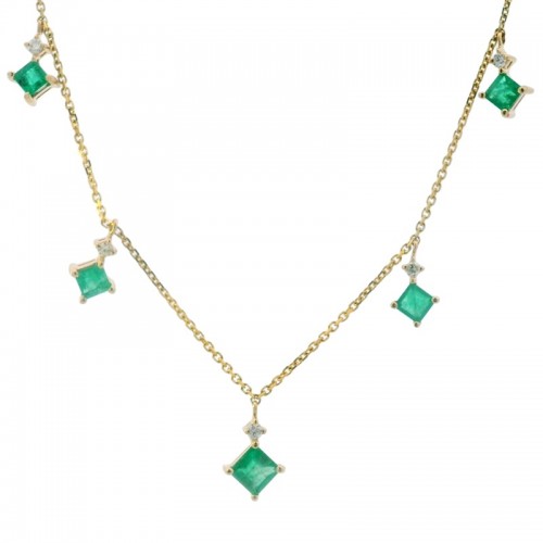 Dangling Emerald and Diamond Necklace in 14K Yellow Gold