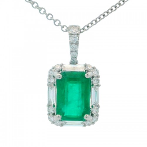 Emerald and Diamond Pendant in 18K White Gold