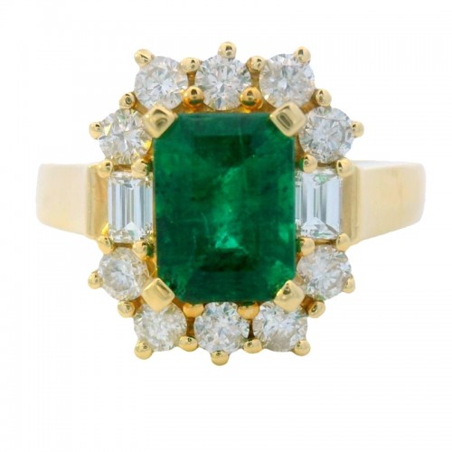 Emerald Ring with Diamond Halo and Wide Band