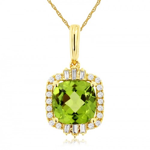 Checkerboard Peridot Pendant with Diamond Halo