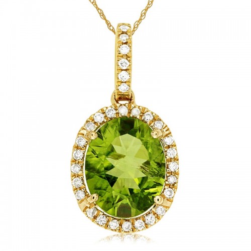 Oval Peridot Pendant with Halo in 14K Yellow Gold