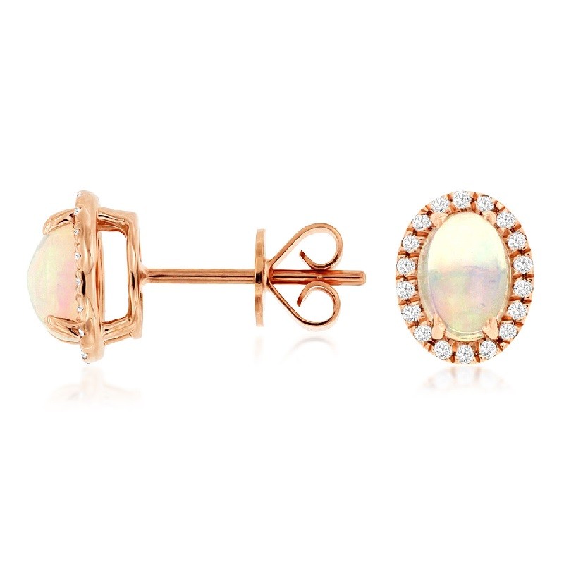 Oval Opal Studs with Halo in 14K Rose Gold