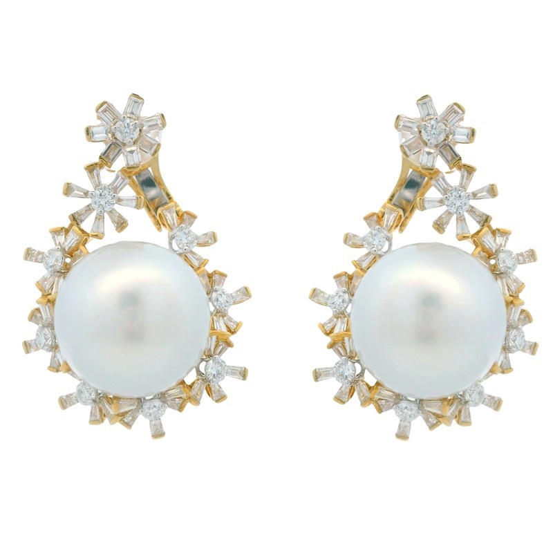 South Sea Pearl Drop Earrings with Diamonds